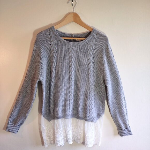 Monteau Soft Gray Sweater w/ Boho Lace Layer Women's XL Urban Street Trend - Picture 6 of 9